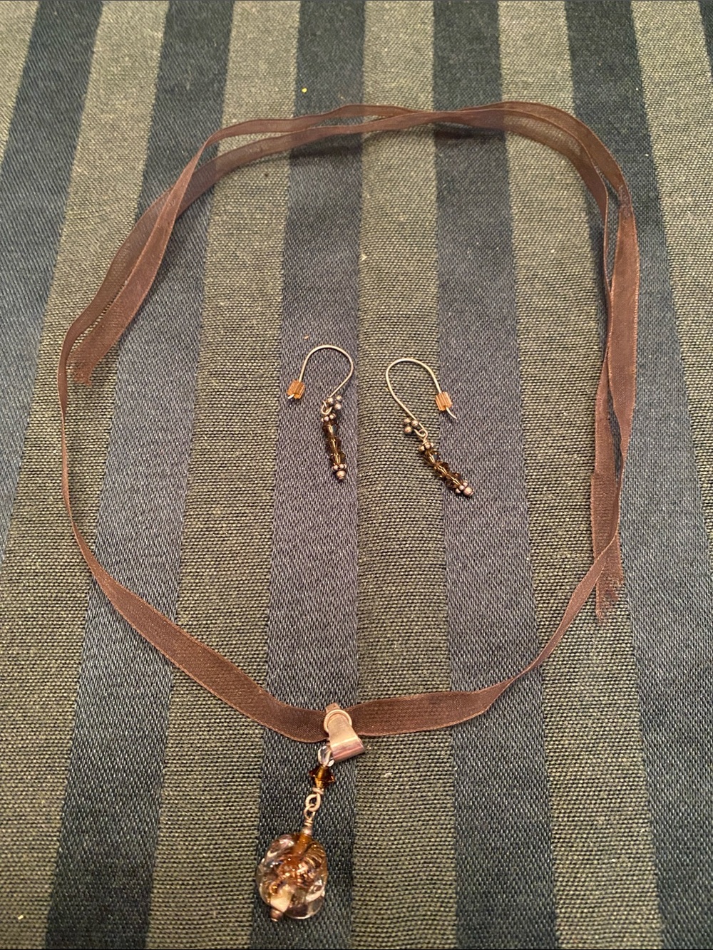 Brown Ribbon Necklace and Bead Drop Earrings Set